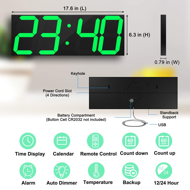 CHKOSDA LED Large Digital Wall Clock, Oversize Wall Clock with 6â€ Numbers, Remote Control Count up/Countdown Timer Clock, Auto Dimmer, Big Calendar and Thermometer(Green) - Image 2